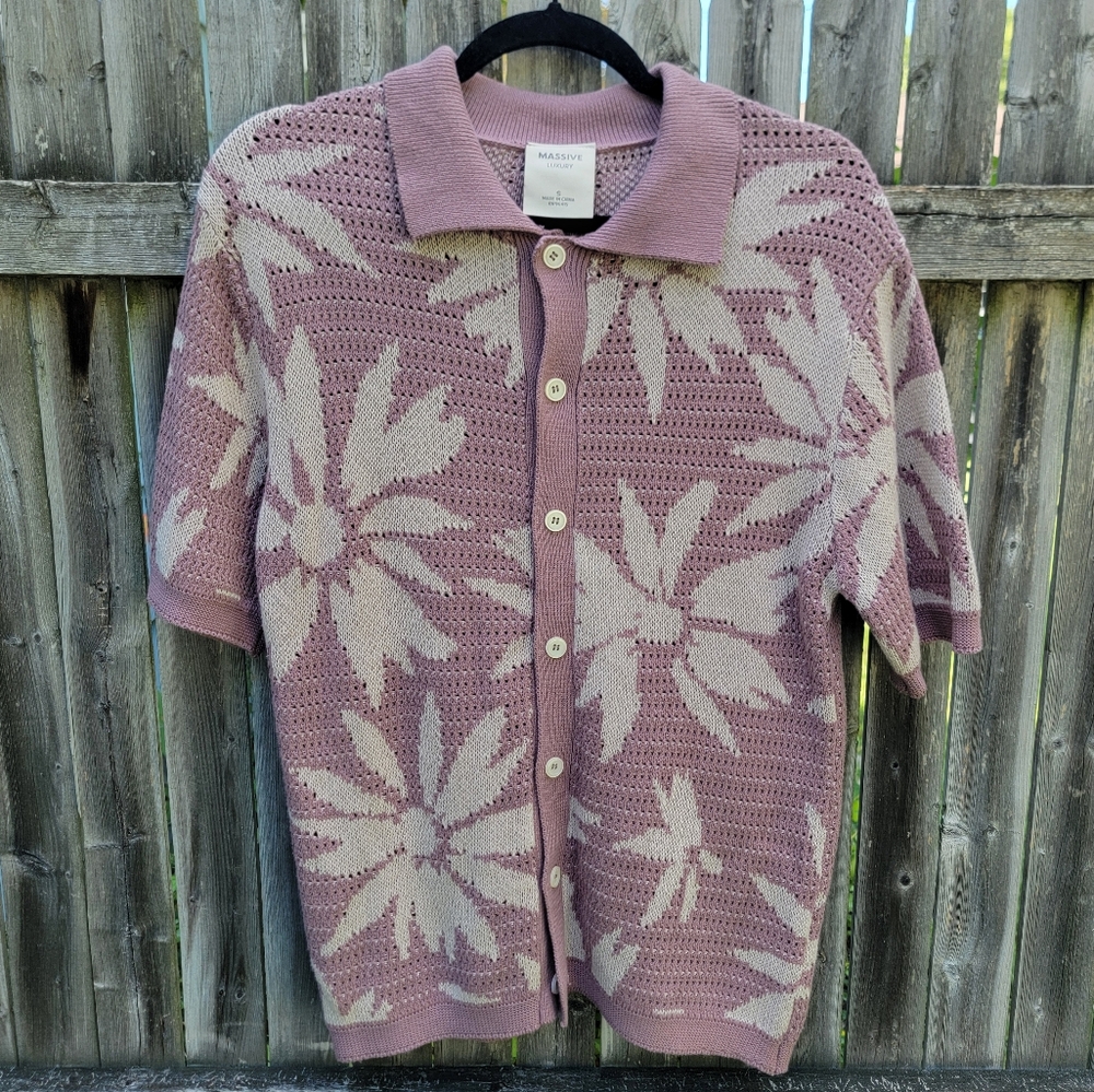 Floral Button Down 100% Cotton Mauve Short Sleeve Cardigan Small Retro Boho
